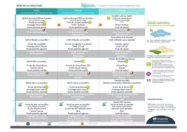 Image du document Menus des crèches du 31 août au 25 septembre 2026